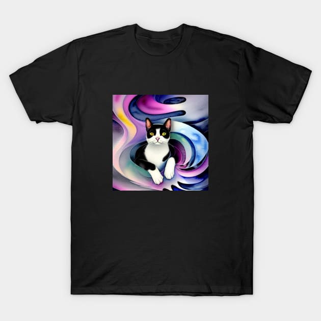 Happy Black and White Cat in Ethereal Swirl T-Shirt by ArtistsQuest